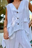 Sandbar Linen Blend 3 Button Dip Side Waistcoat White